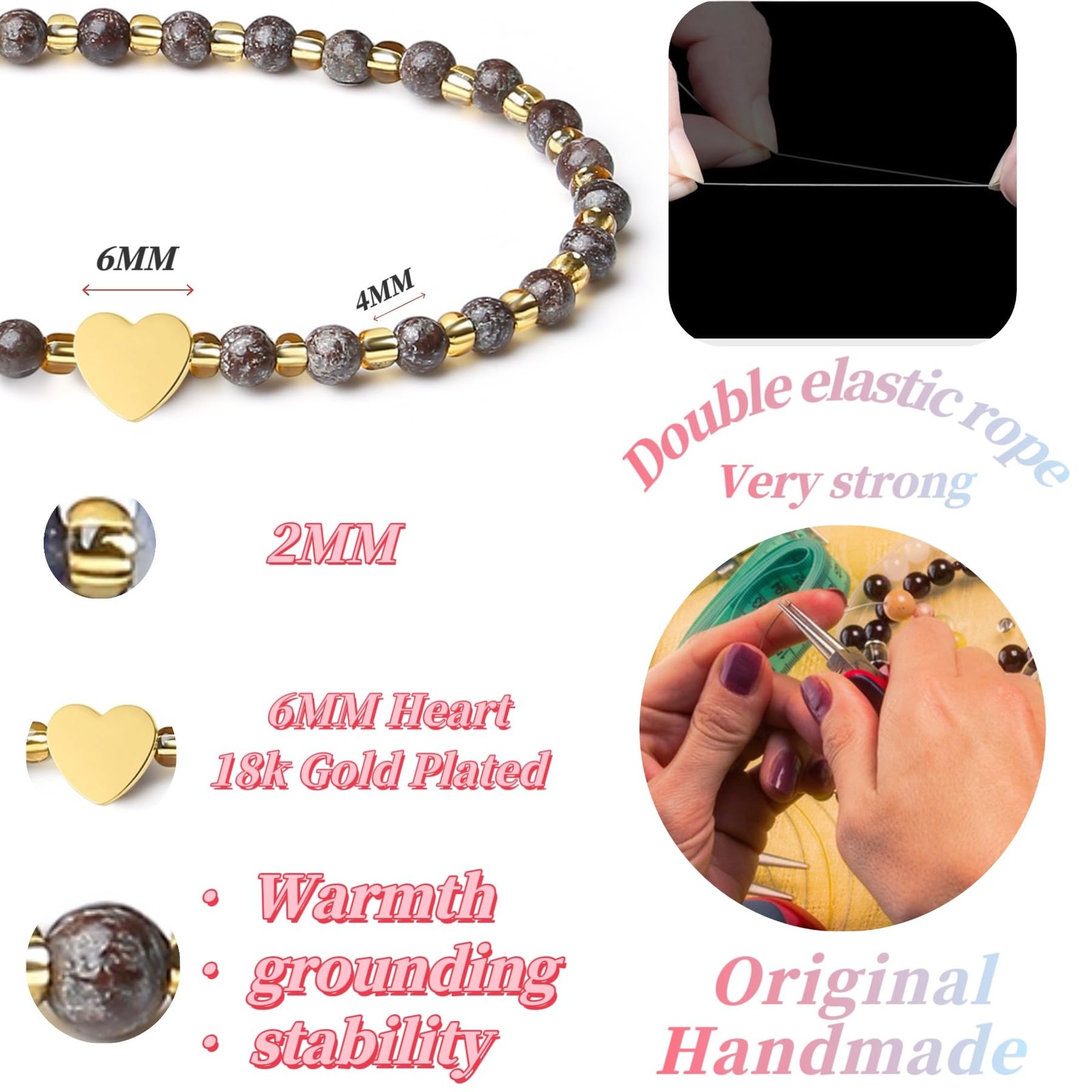Handmade Original 4mm Mini Gemstone Stretch Bracelet for Women with Natural – 02