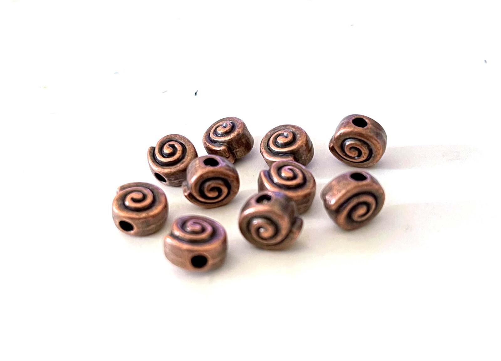 6 Antique Copper Pewter Spiral Snail Beads Nautical Flat Round Disc 10x9mm