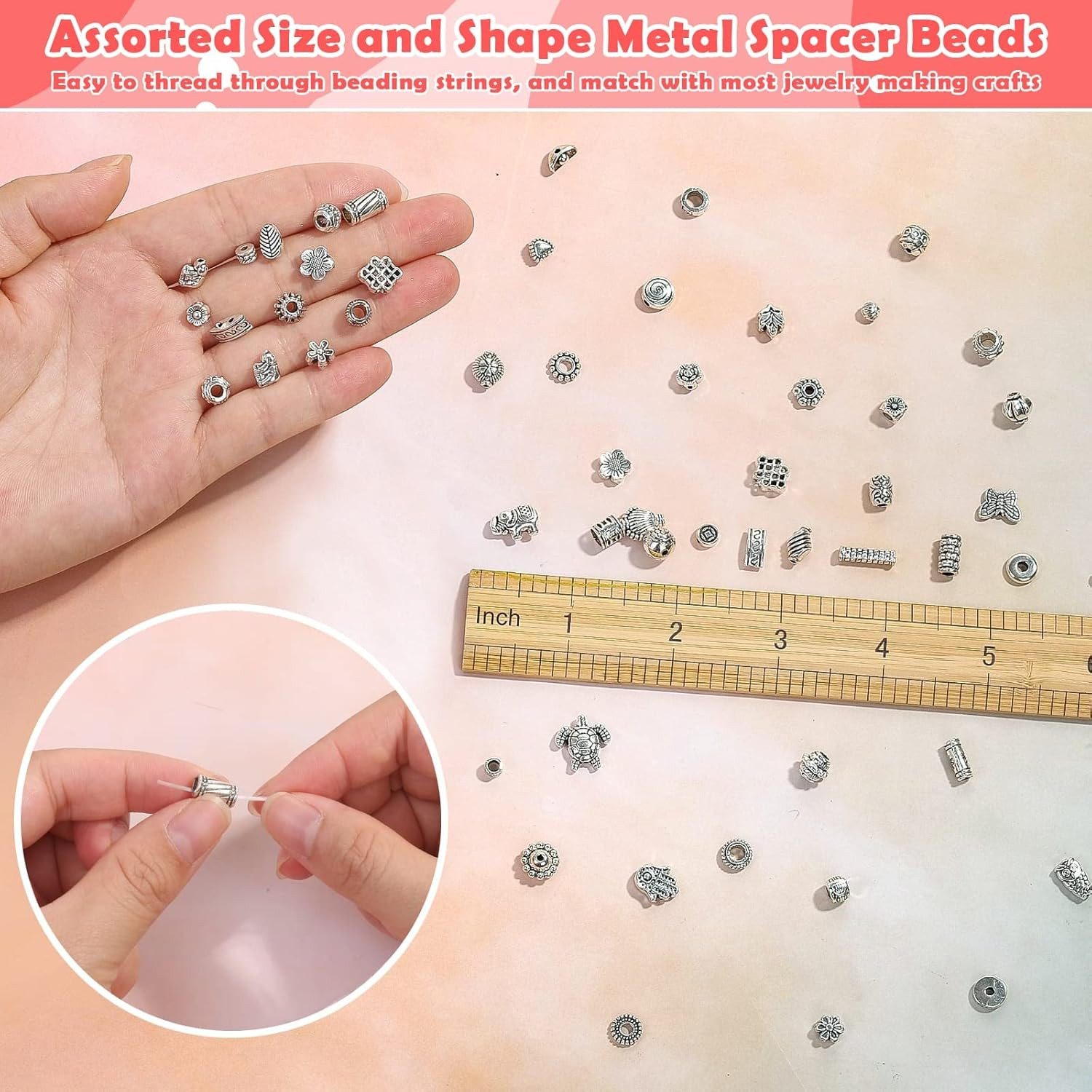 350 Pcs Silver Spacer Beads for Jewelry Making, Mixed Bulk Random Styles Metal B
