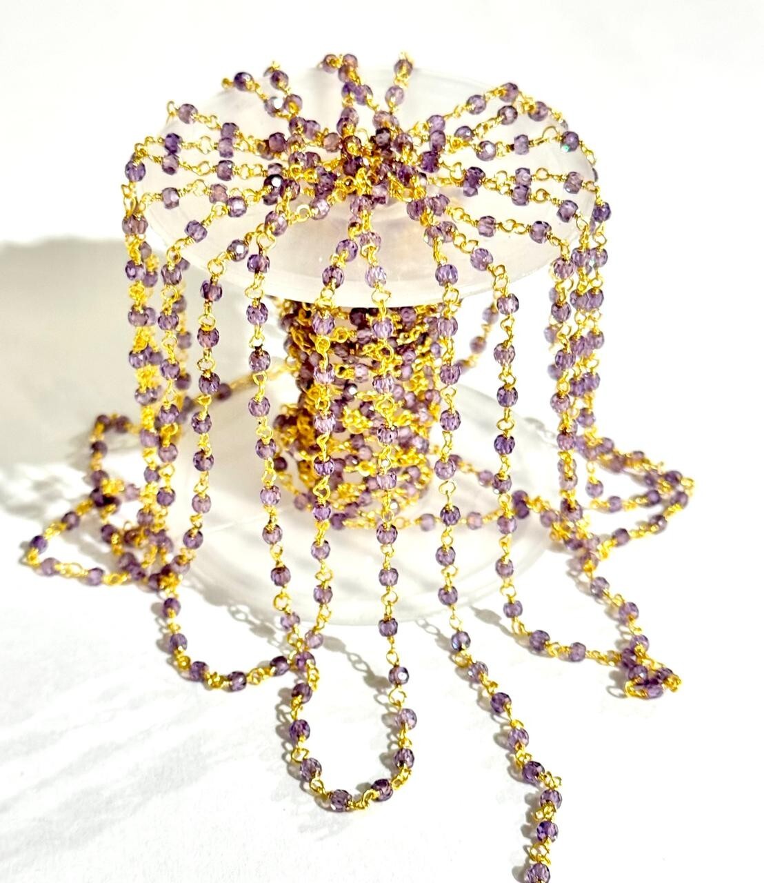 3mm Amethyst Zirconia beads bulk roll chain, gold plated jewelry making rosary