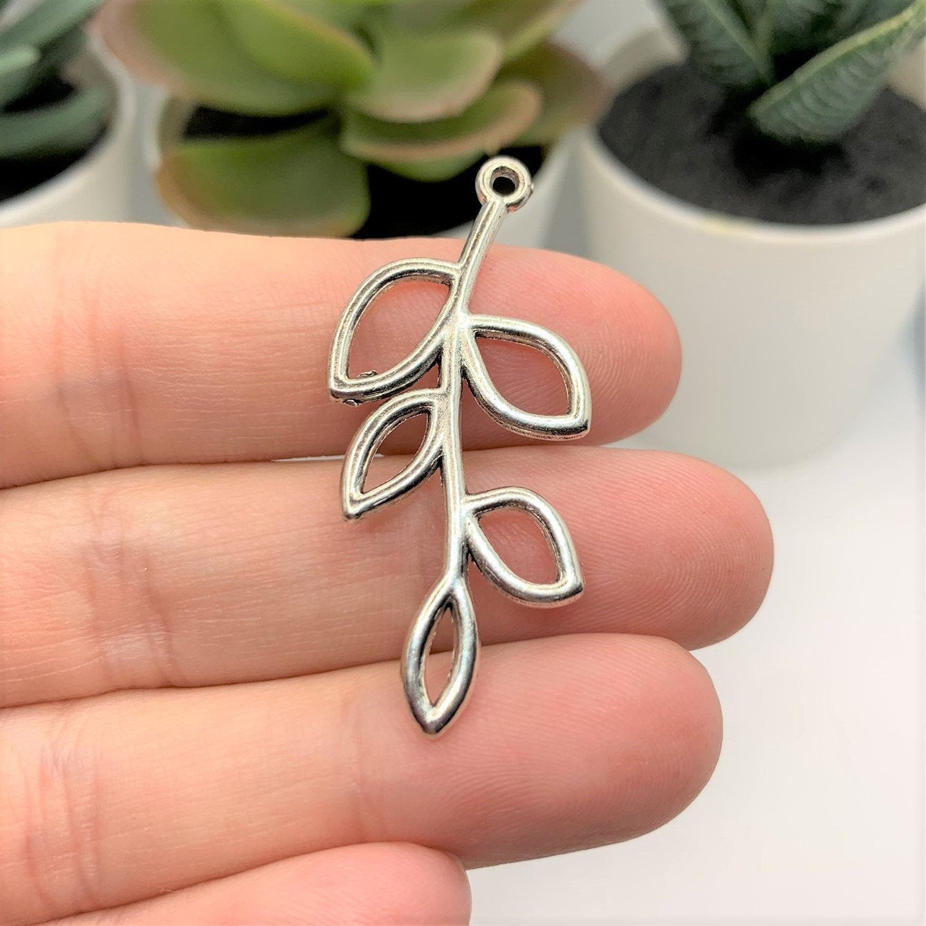 Antiqued Silver Tree Branch Charm, Leaf Connector, 42x19mm – US Seller