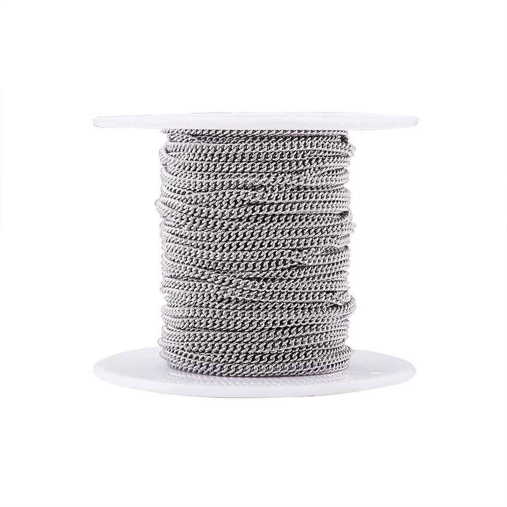 1 Roll Stainless Steel Curb Chains with Spool Unwelded Steel Color 2.4×1.9×0.5mm