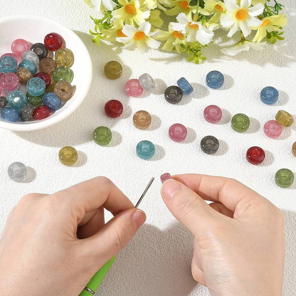 50Pcs Transparent Resin European Beads, Glitter Powder Large Hole Rondelle Beads