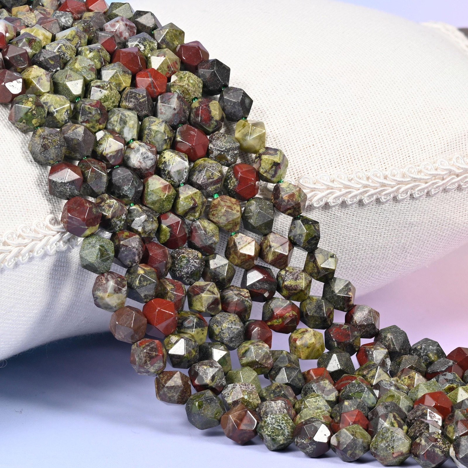 Dragon Bloodstone Beads: Faceted Diamond Star Cut, 6-10mm, 15.5 inch Strand