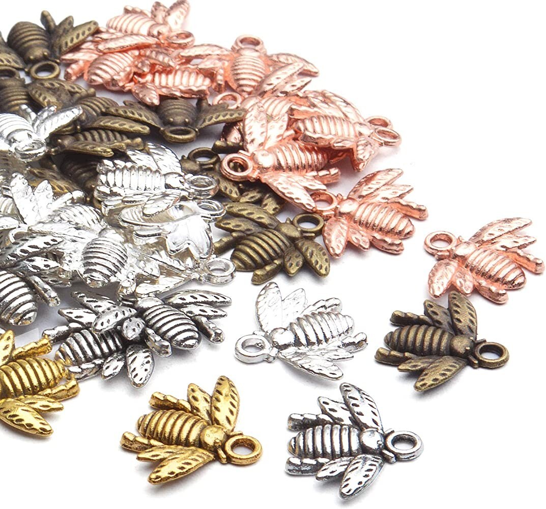 10 Bee Charms Bumblebee Rose Gold Silver Pendants Set Insect Mixed Queen Jewelry