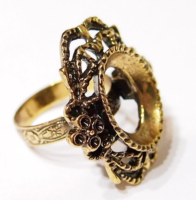 6 of 18x13mm Antique Gold Victorian Deco Lacy Flowers Adjustable Ring Settings