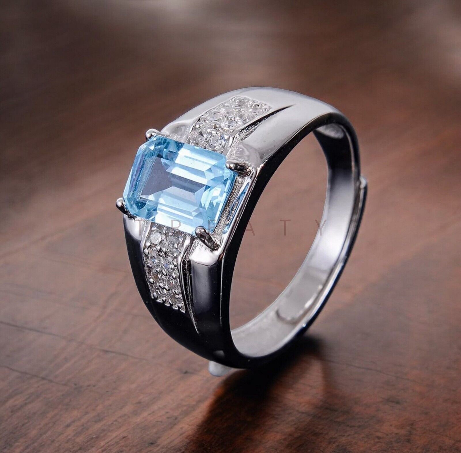 Blue Topaz Emerald Cut Gemstone With Solid 14K White Gold Ring For Men’s #A274 #