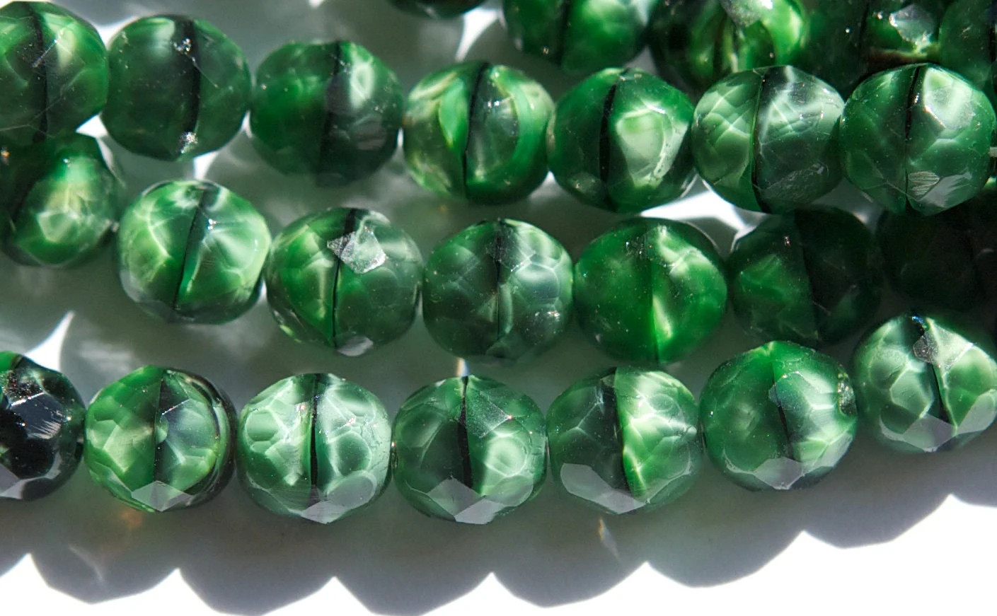 8mm Green w/ Black Swirl Czech Firepolish Faceted Glass Beads (25)