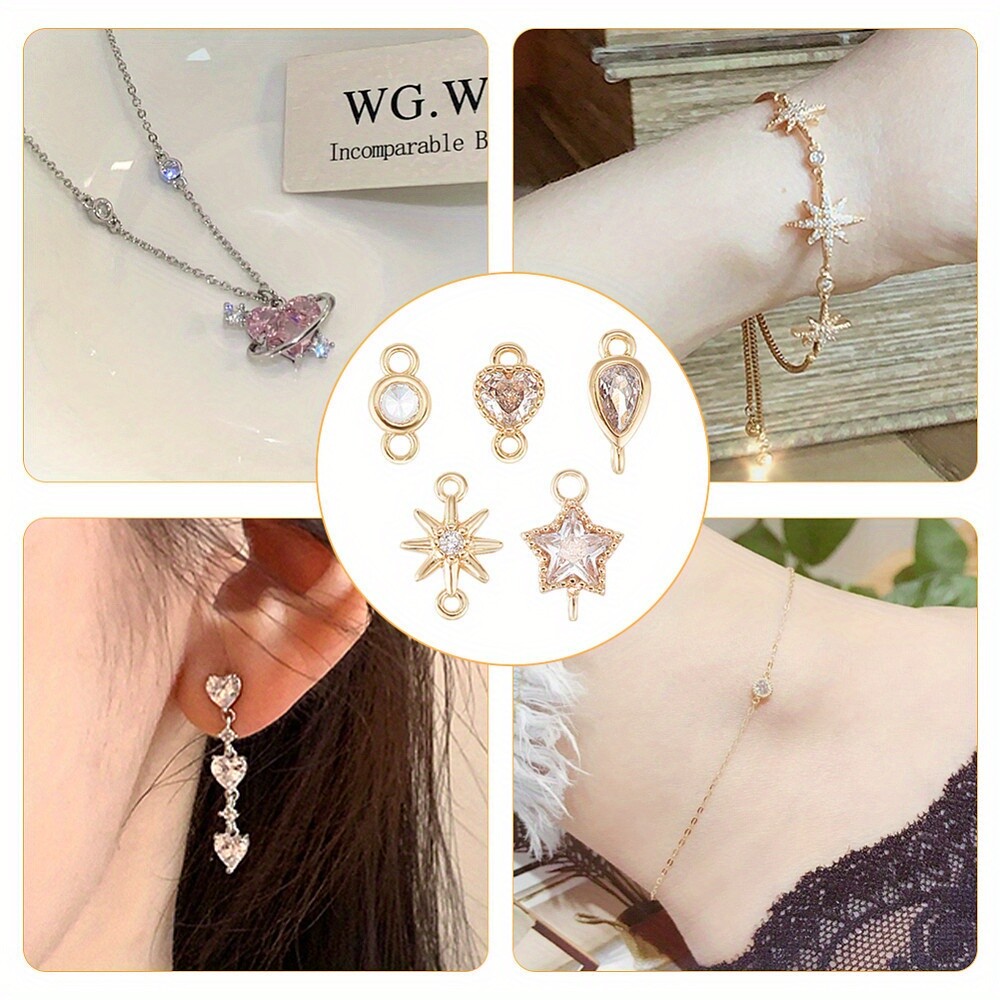 1box 20pcs 5 style Flat Round Star Brass Micro Pave Cubic Zirconia Links golden
