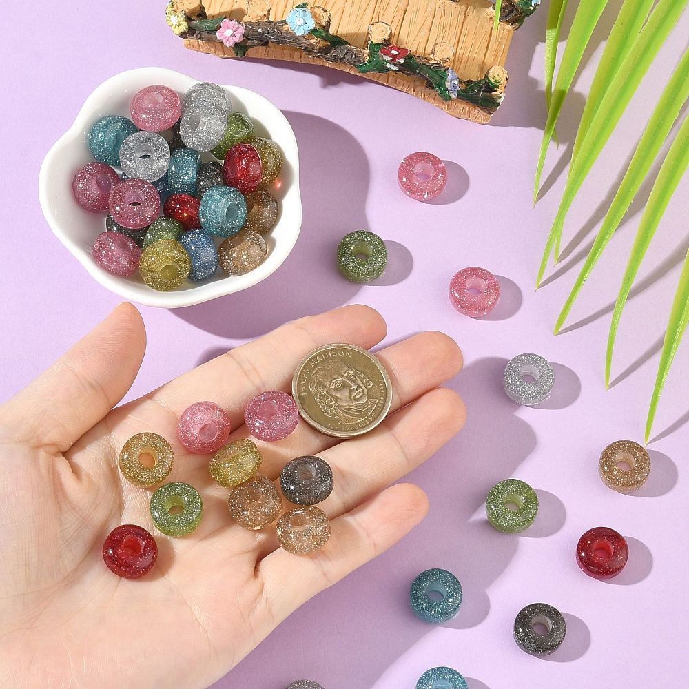 50Pcs Transparent Resin European Beads, Glitter Powder Large Hole Rondelle Beads