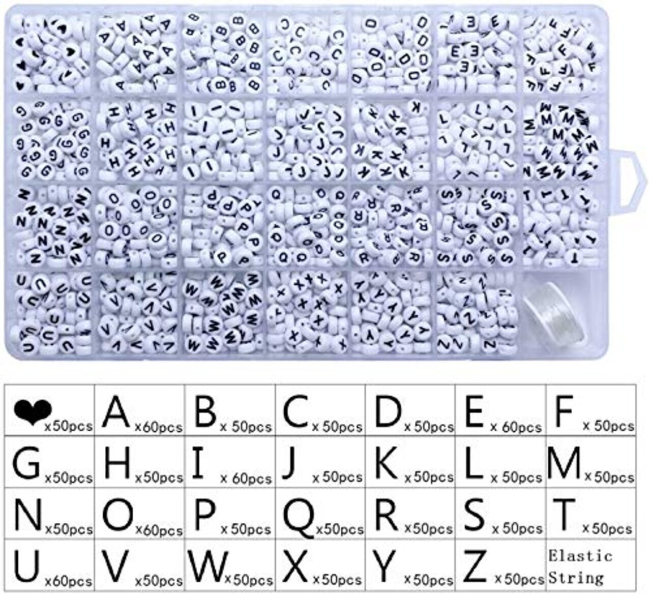 1400 Pieces Letter Beads A-Z and Elastic Line Heart Beads 4x7mm White Round