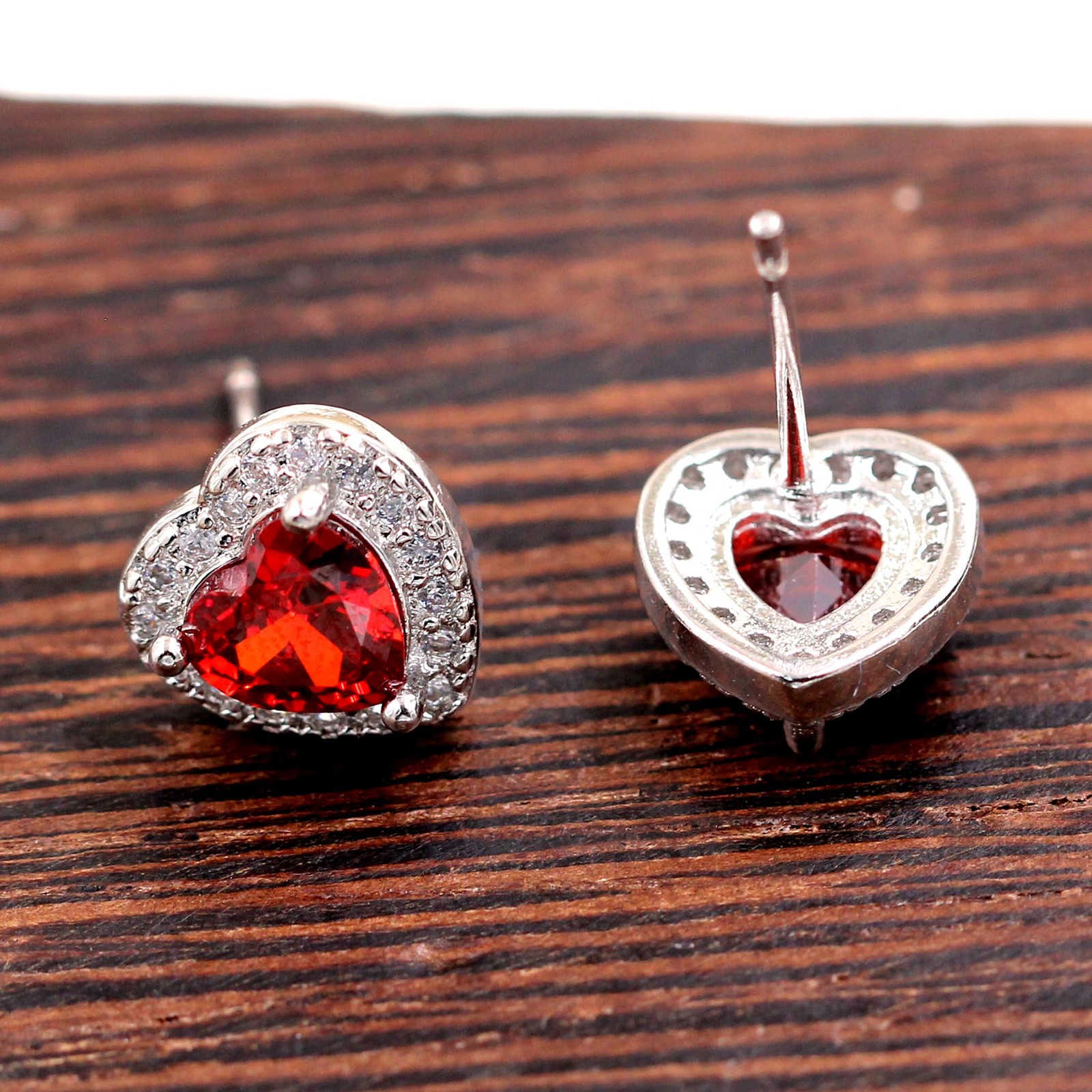 Platinum Plated Heart Shaped Stud Earrings Red Studs Love Heart Halo Post Earrin