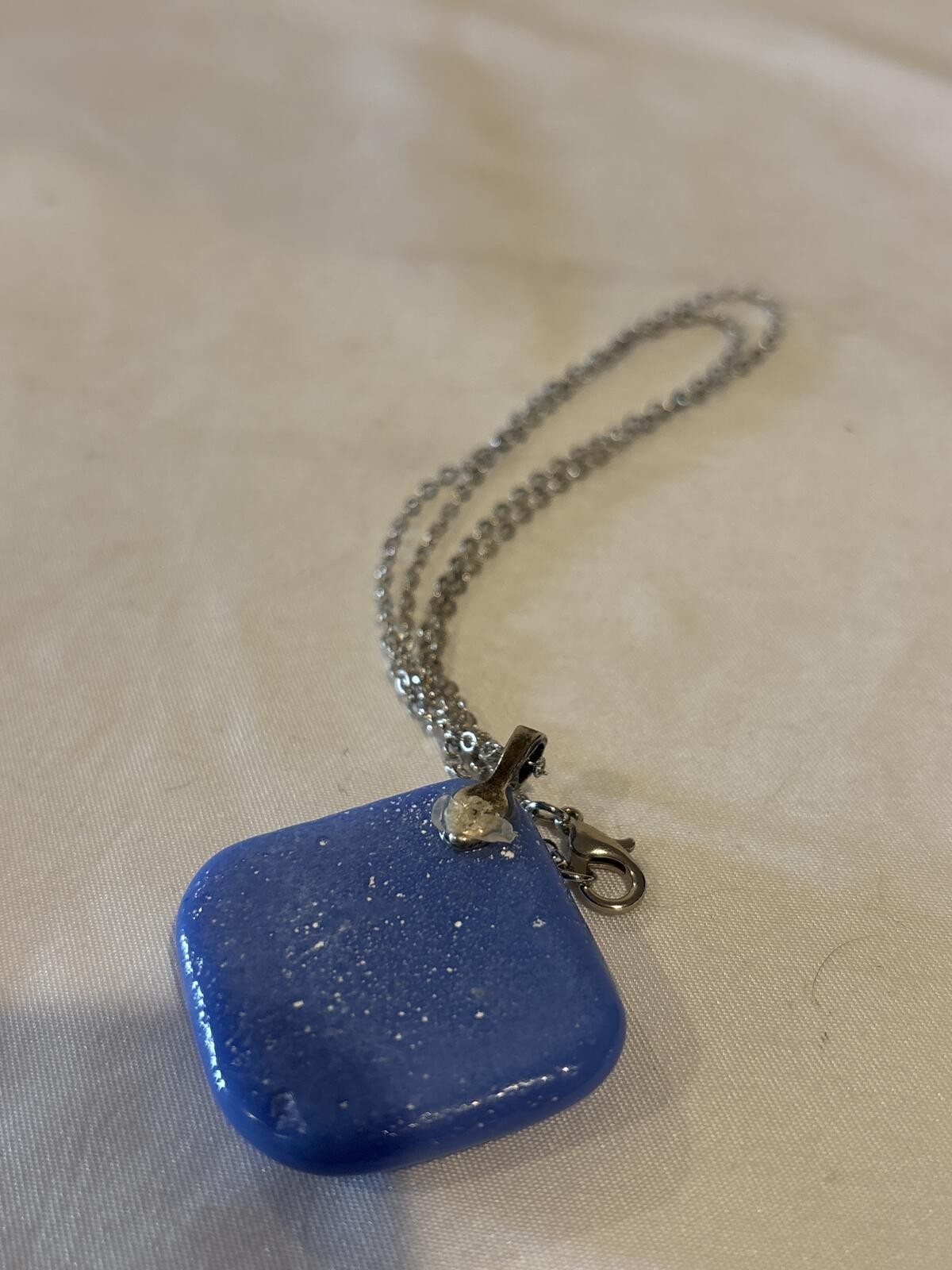 Artisan Made Art Glass Pendant Necklace Blue Swirl Pattern with Silver Chain 22″