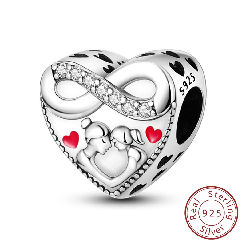 925 Sterling Silver Charm Beads Family Sister Love Heart Pendant DIY Bracelet