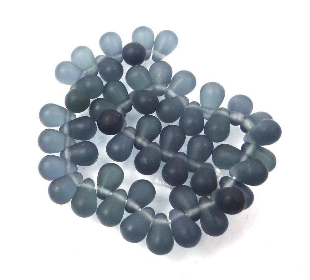 50 Czech Frosted Sea Glass Teardrop Beads 6x4mm – Matte – Montana Blue