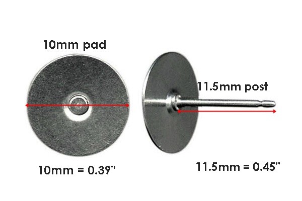 Titanium Earring Posts with 10mm Pads (stainless ) HypoAllergenic with Ear Nuts