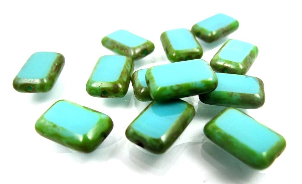 12 Czech Glass Rectangle Beads Turquoise – Picasso 12x8mm