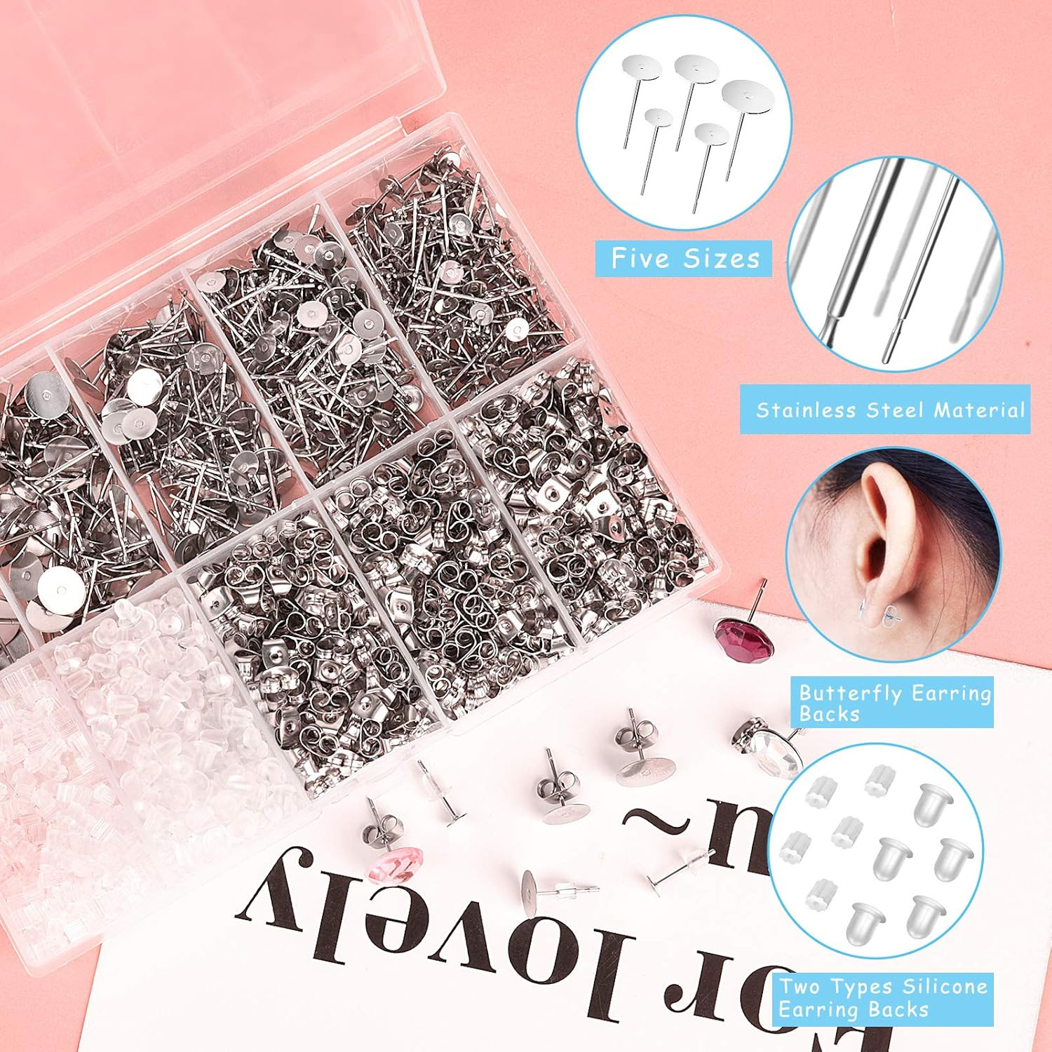 Earring Posts and Backs, 2000Pcs Hypoallergenic Earring Studs for Jewelry Making
