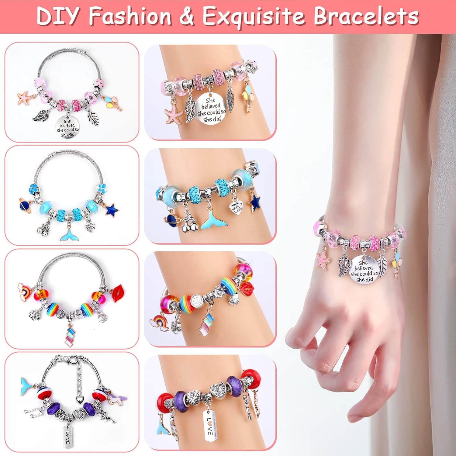 180 Pcs Unicorn Mermaid Crafts Charm Bracelet Kit for Girls – DIY Jewelry Makin