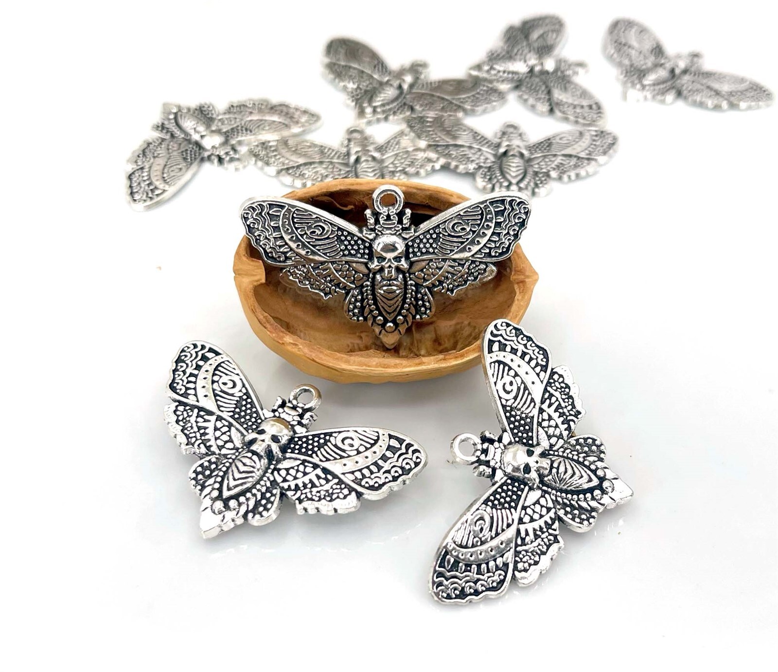 4 Death Head Moth Charms Antique Silver Skull Butterfly Wiccan Bug Pendants