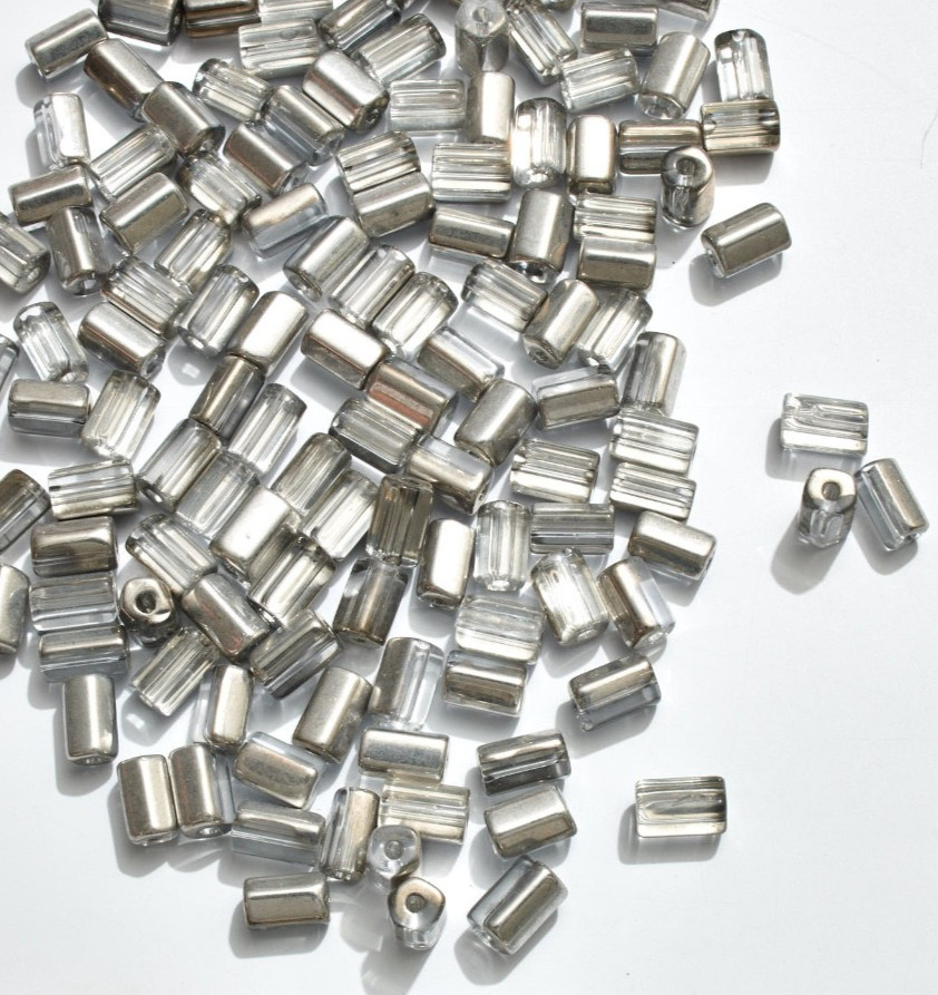 600pc 6x4mm vintage CZECH GLASS BEADS tubes CRYSTAL HALF SILVER 1/2 mass NOS
