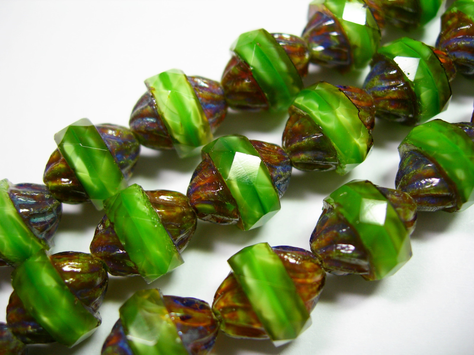 14 11x10mm Czech Glass Faceted Emerald Green Opal Picasso Turbine Beads