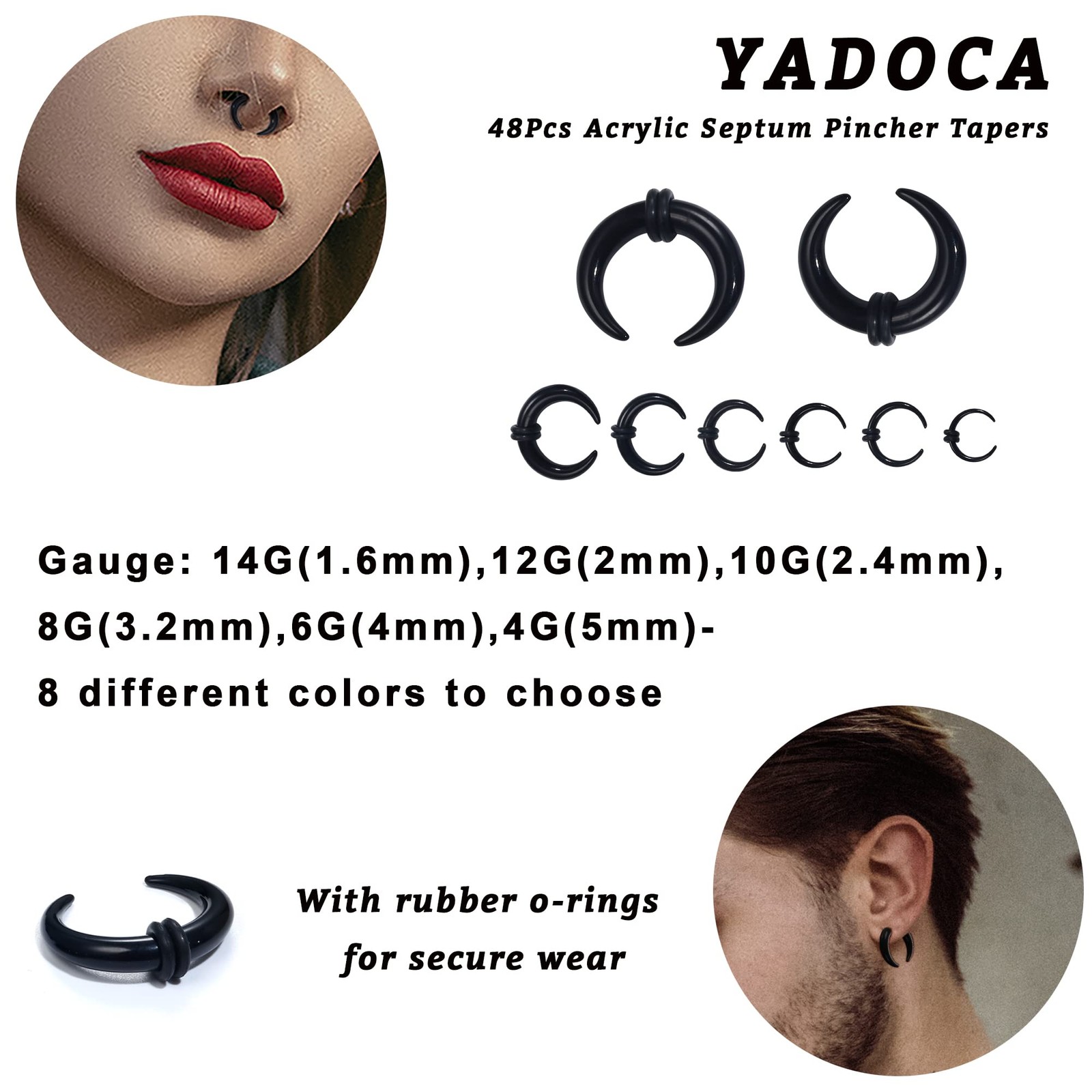 YADOCA 48Pcs Acrylic Septum Stretching Kit 14G 12G 10G 8G 6G 4G 4G, A
