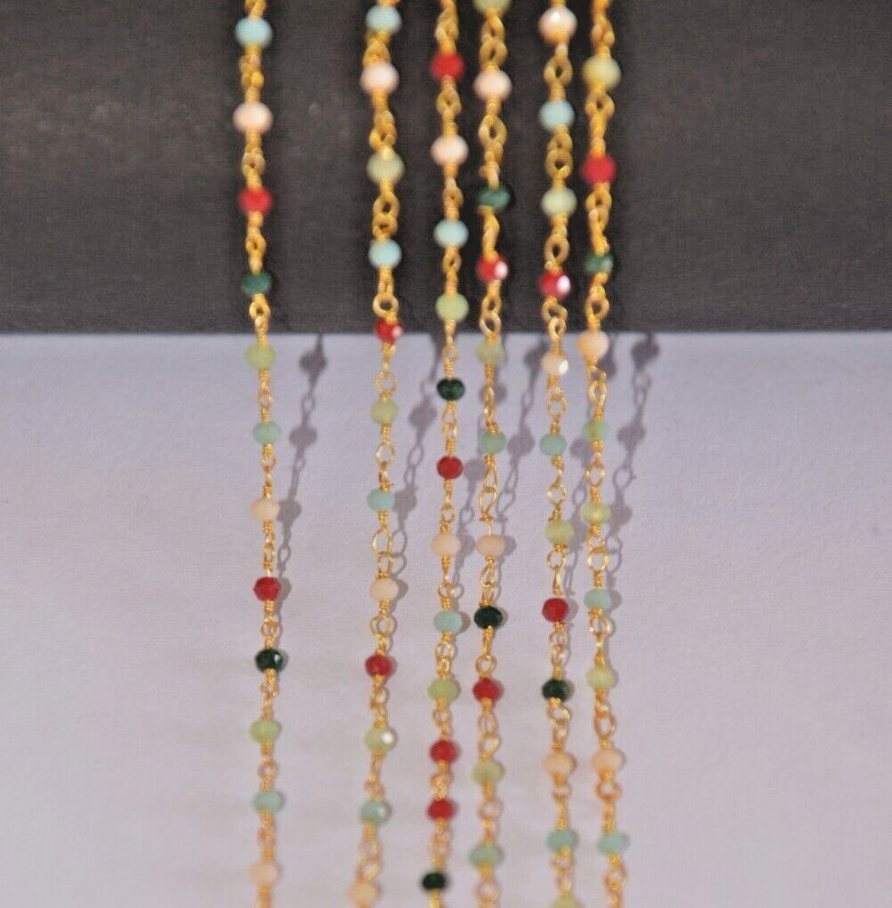 multi glass beads beaded rosary chain, Gold plated jewelry making bulk chain