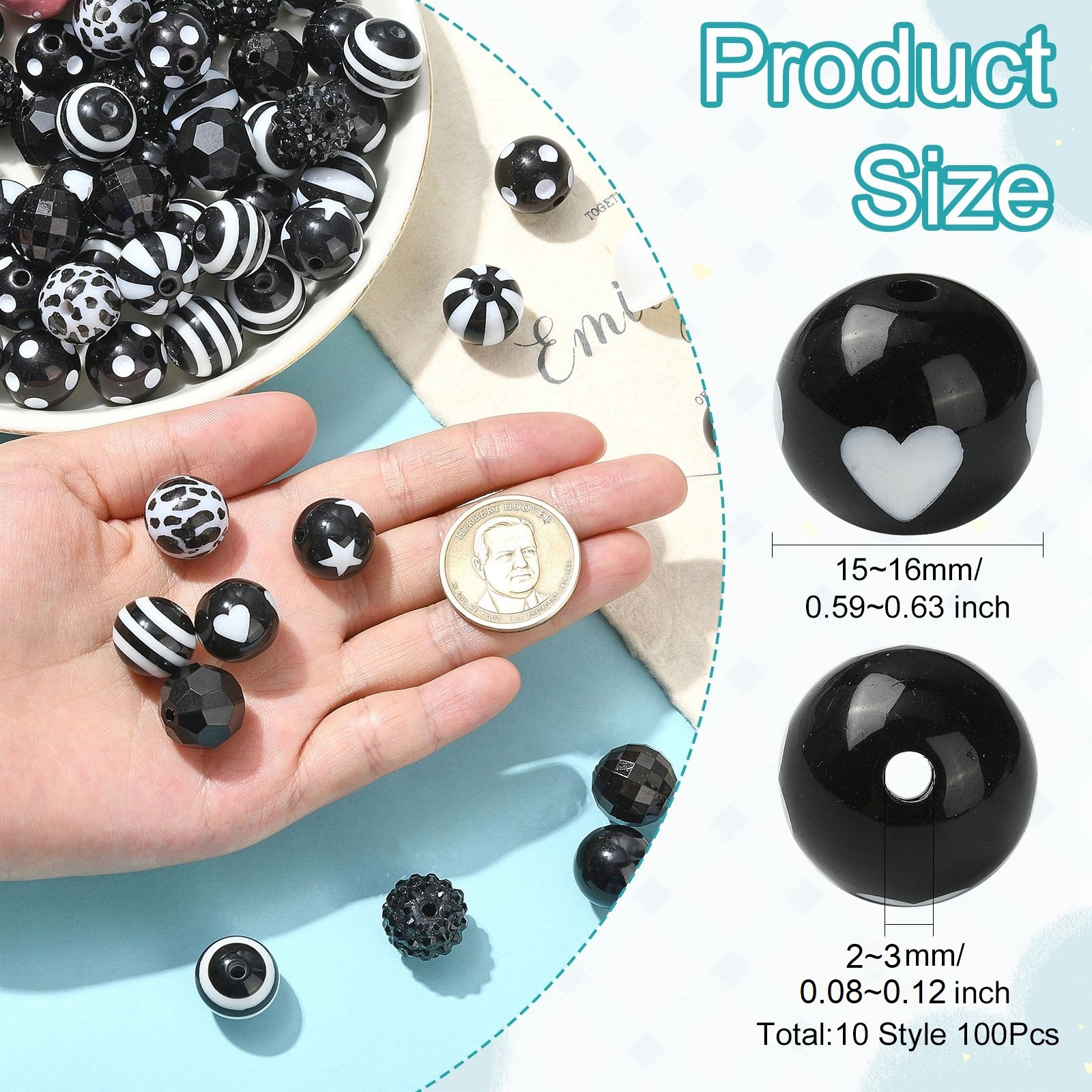 100Pcs Black Theme Opaque Acrylic Beads, 15-16mm Round Acrylic Beads for DIY