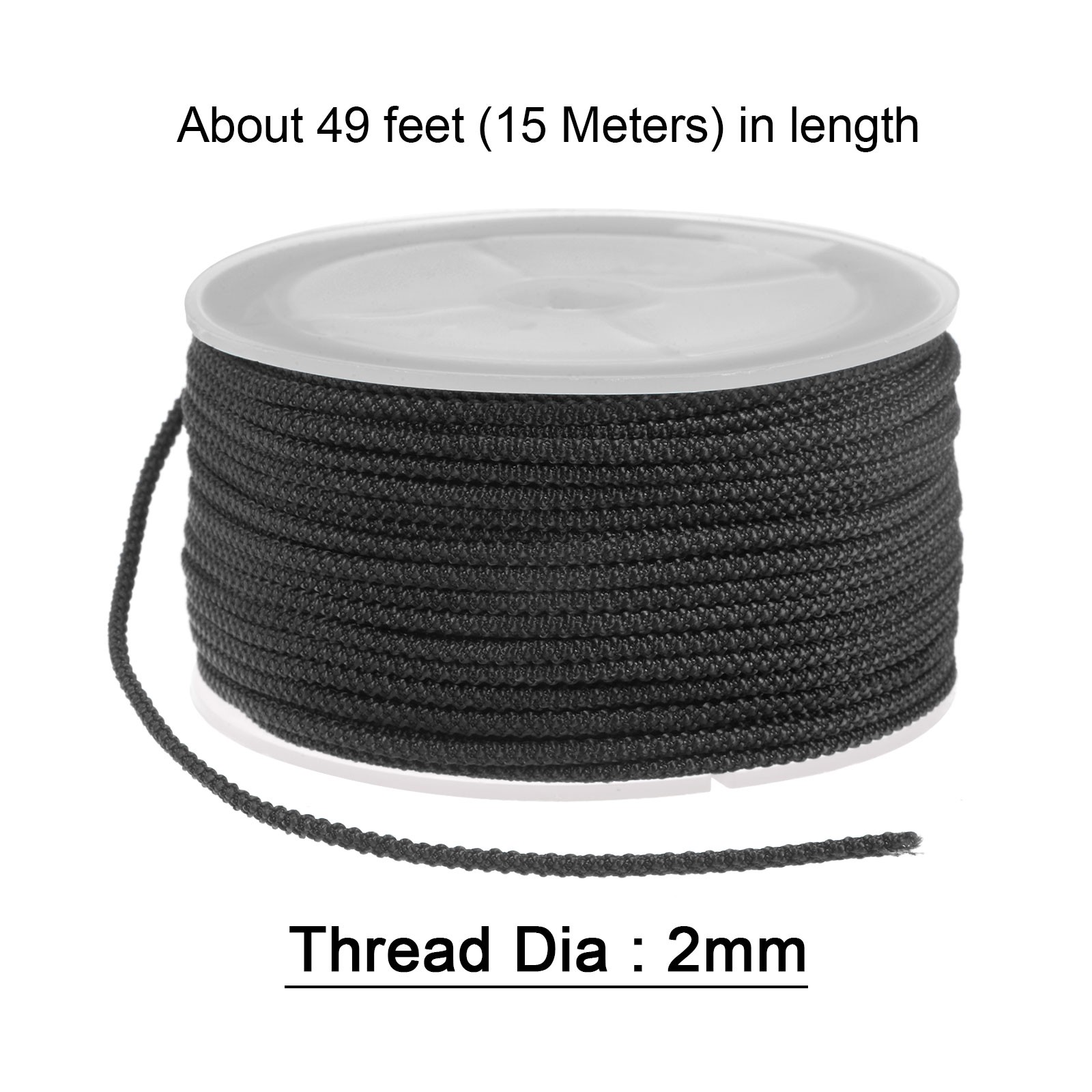 Nylon Beading Thread Cord 2mm Braided Nylon String 15M/49 Feet Black
