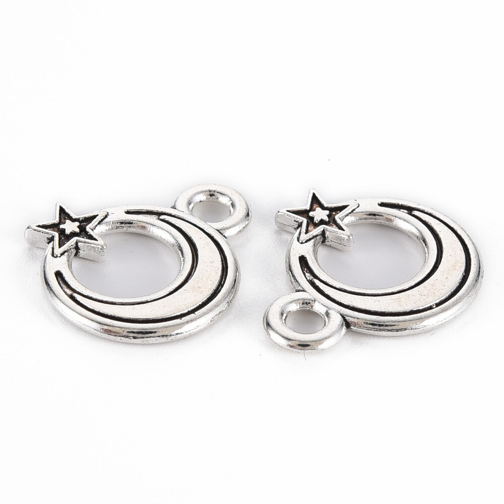10 Moon and Star Pendants Antiqued Silver Celestial Sky Charms 17mm