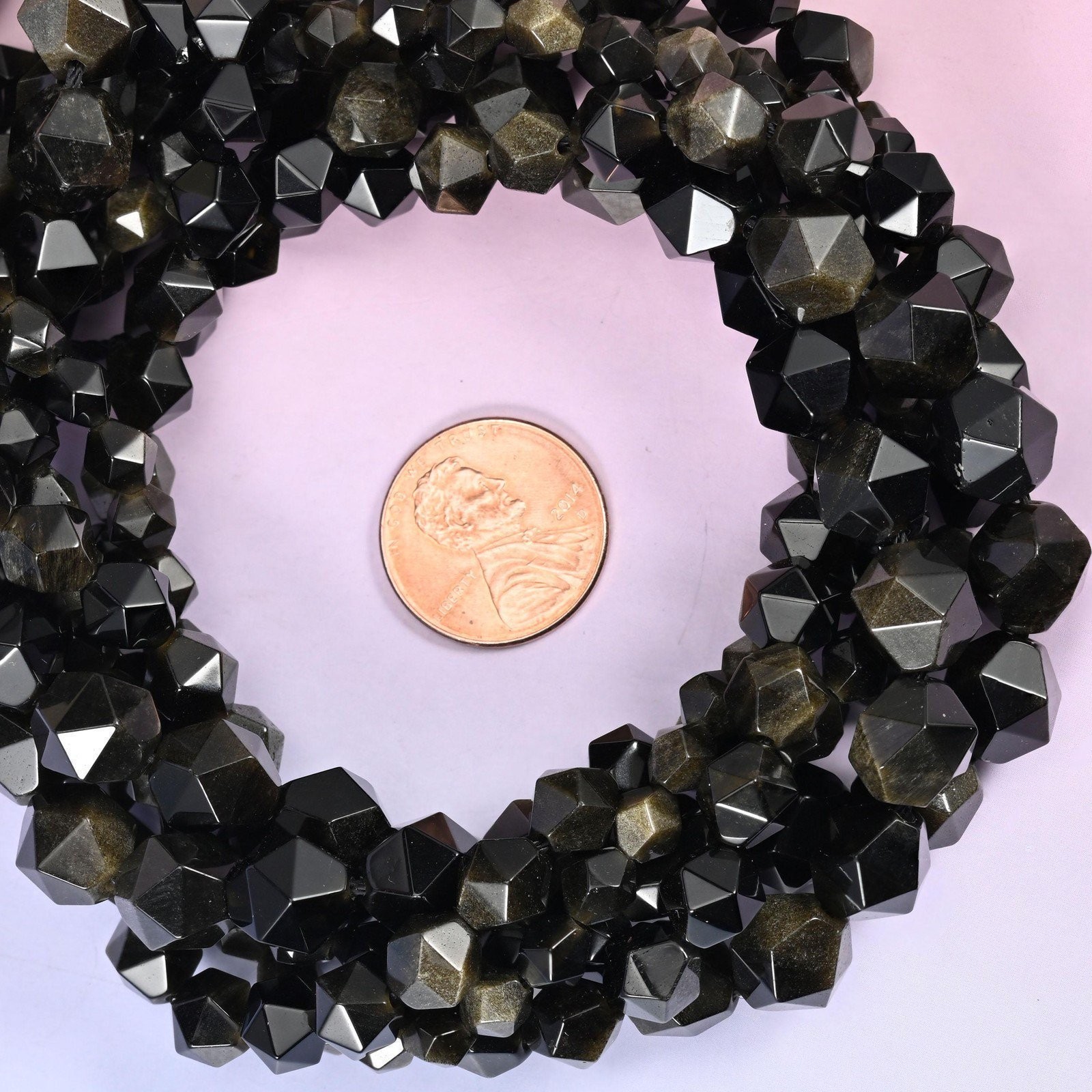 Gold Obsidian Beads: Faceted Diamond Star Cut, 6-10mm, 15.5 inch Strand