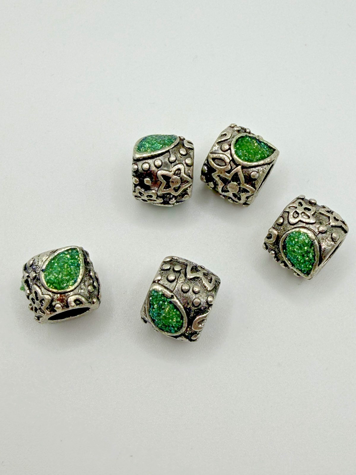 SILVER METAL ALLOY BALI BARREL BEADS SET OF 5 GREEN INLAY JEWELRY CHARMS