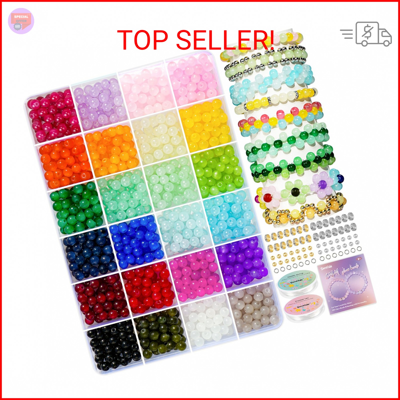Sunlode Glass Beads for Bracelets 1400pcs Bracelet Making Kit 6mm Glass Bead for