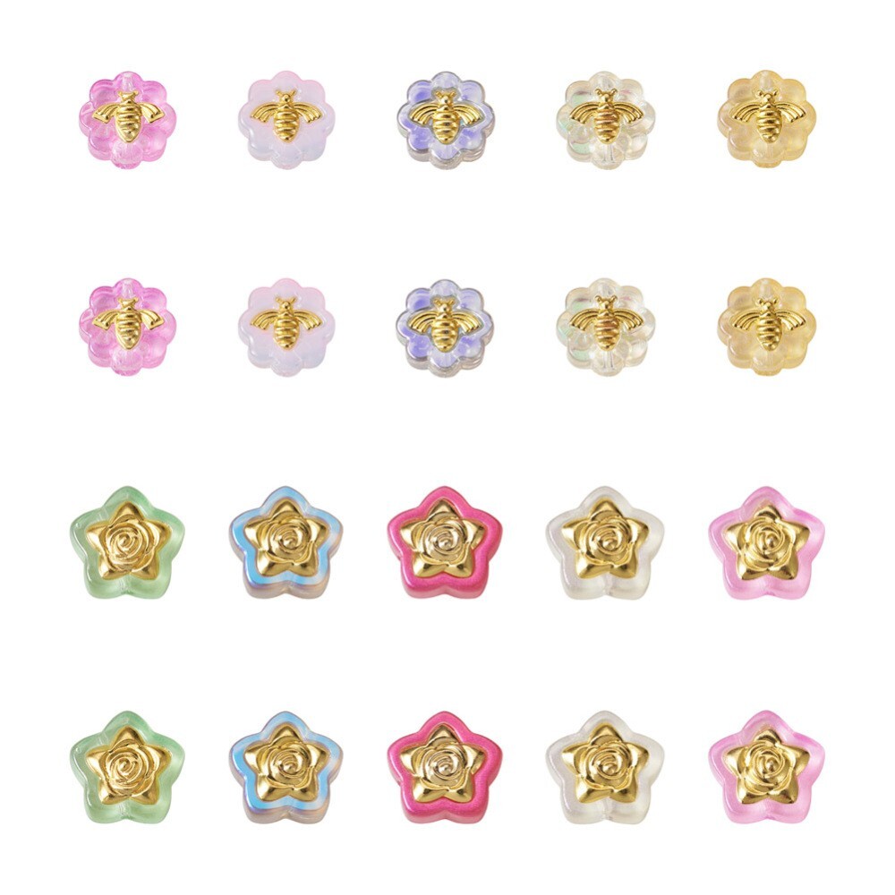 1Box Transparent Star Flower Bee Spray Painted Glass Beads with Glitter Powder