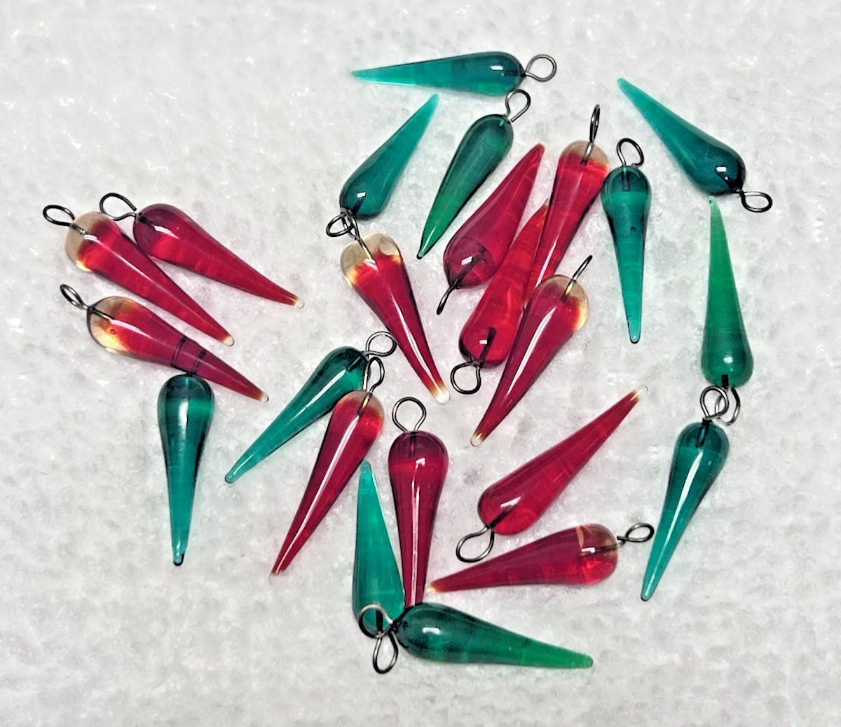 23 Vintage Art Glass Beads Charms Red Green w Wire Top Hangers 3/4 inch