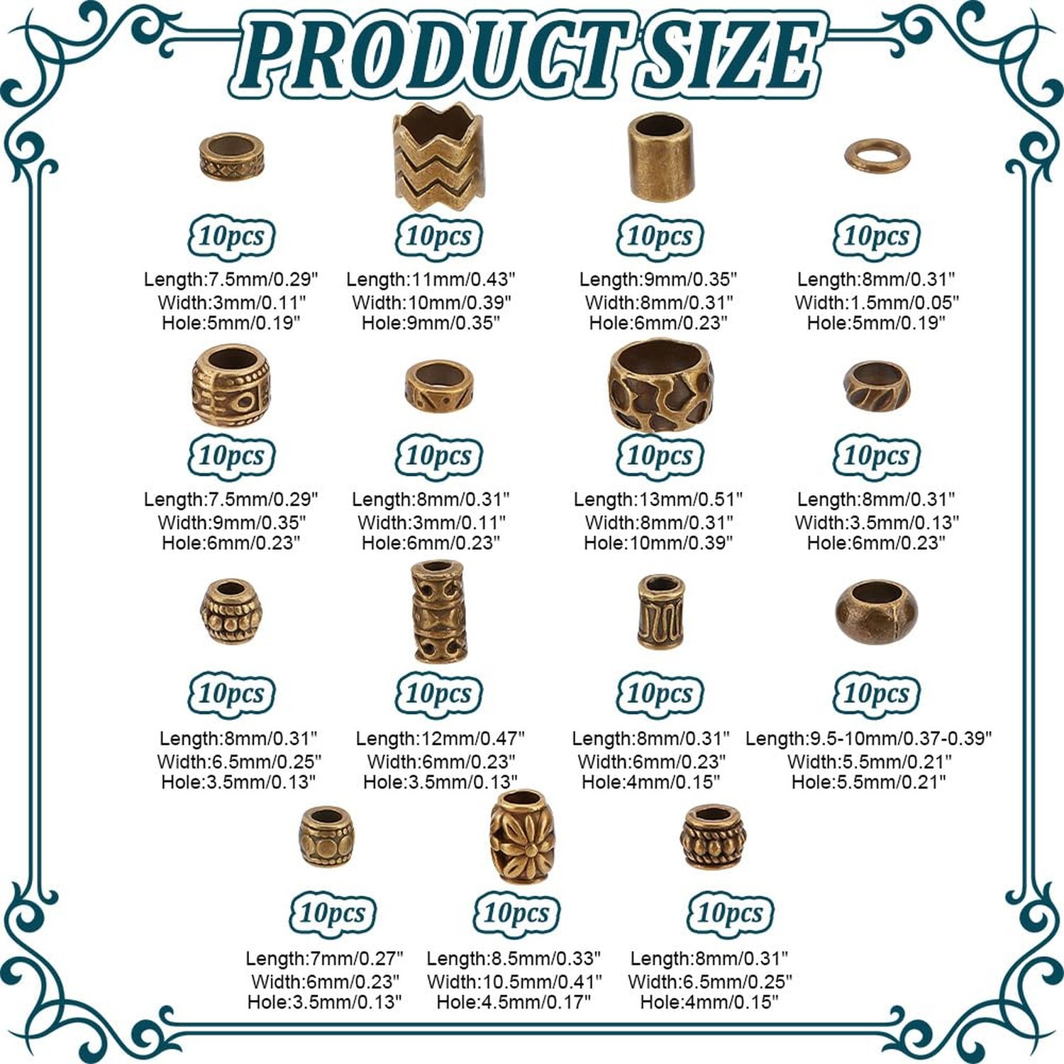 NBEADS 150 Pcs 15 Styles Alloy Spacer Beads, Antique Bronze Hair Beads Alloy …