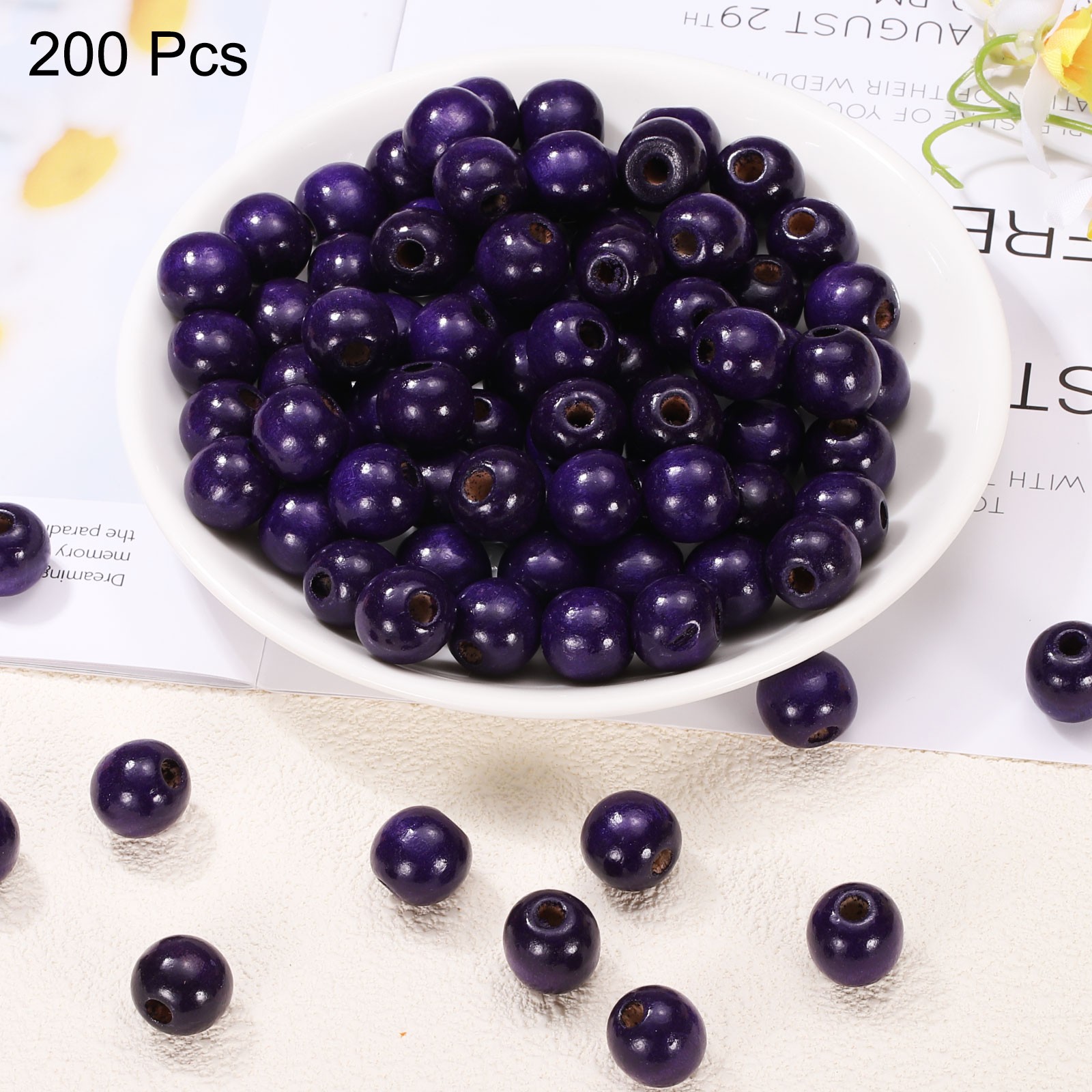 200Pcs Large Hole Wooden Beads 15x16mm Natural Round Wood Bead Purple