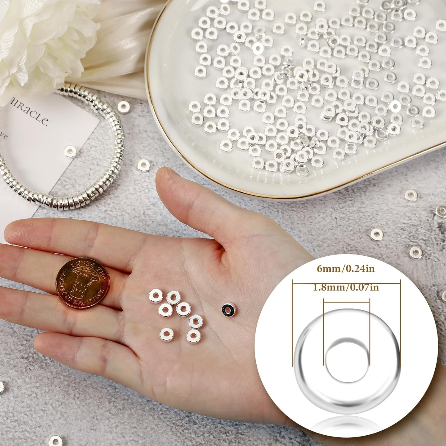 Spacer Beads, 1500Pcs 6Mm Flat round Spacer Beads Disc Loose Beads for Jewelry M