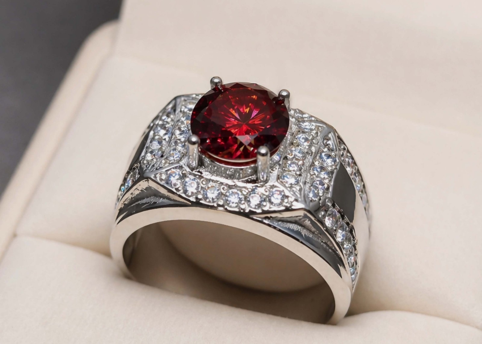 Red Moissanite Diamond Sterling Silver 925 Handmade Women Elegant Channel Ring
