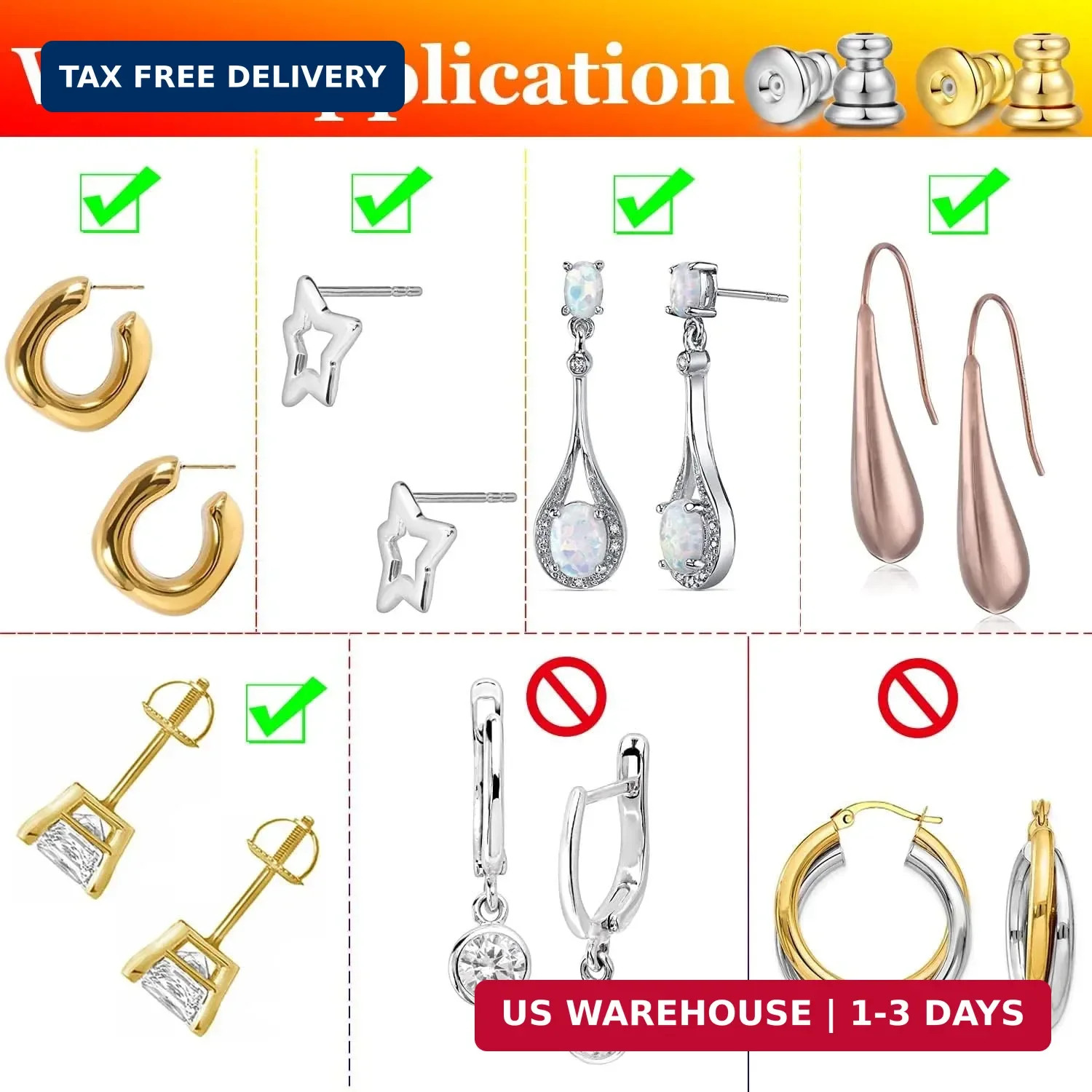Earring Backs for Studs, 18K Gold Bullet Earring Backs Replacements for Studs/Dr