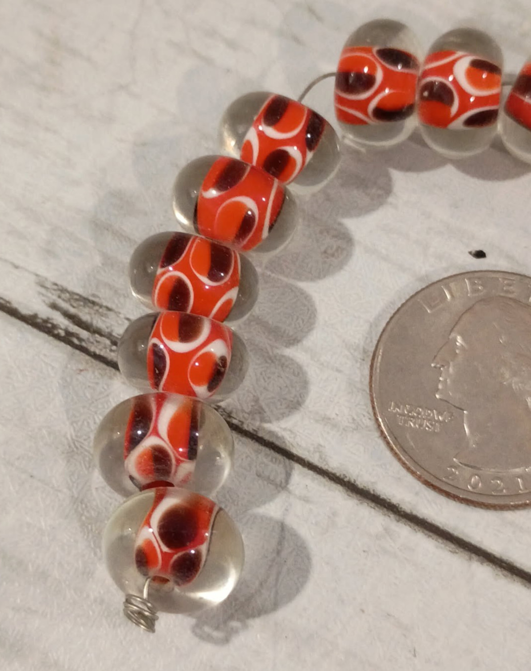 15Q Glossy orange burgundy and White Handmade Lampwork Glass Beads