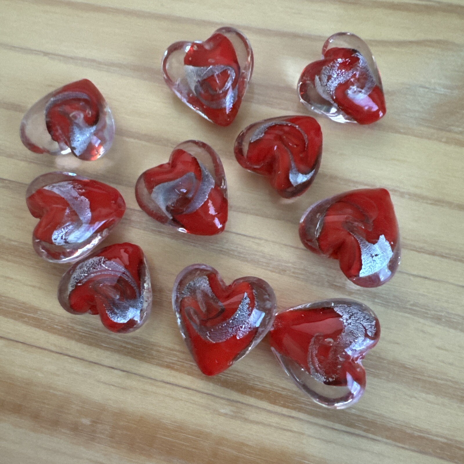 10 RED SILVER FOIL LAMPWORK HEART BEADS 20mm – Assorted DIY JEWELRY MAKING