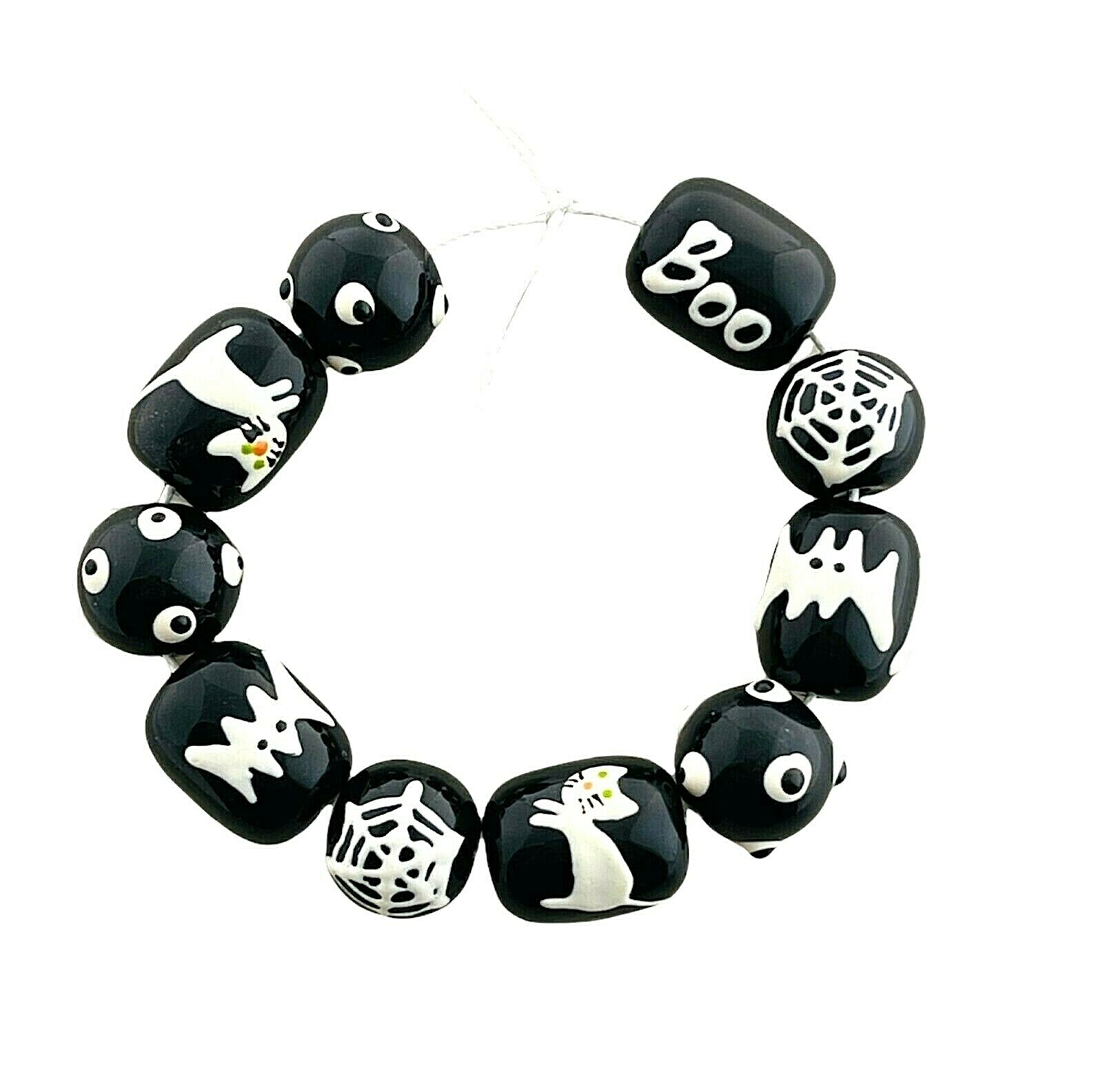 Halloween Beads Hand Painted Glass Spider Web Bat Boo Dots Black White Beads