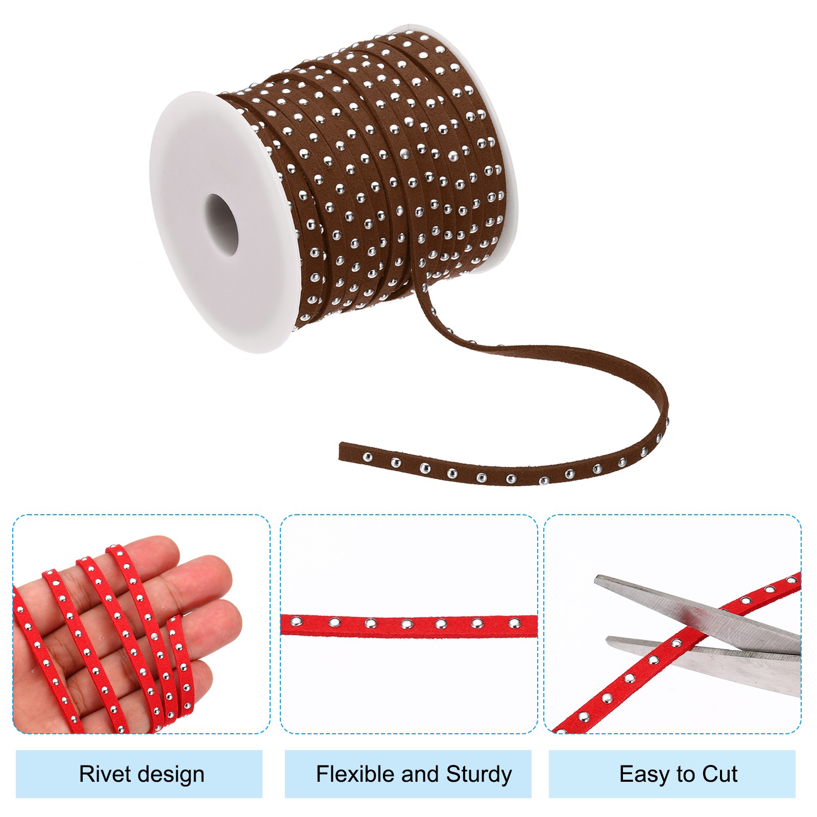 65.6ft Studded Faux Suede Cord Rope 5mm with Rivets Dark Brown Silver