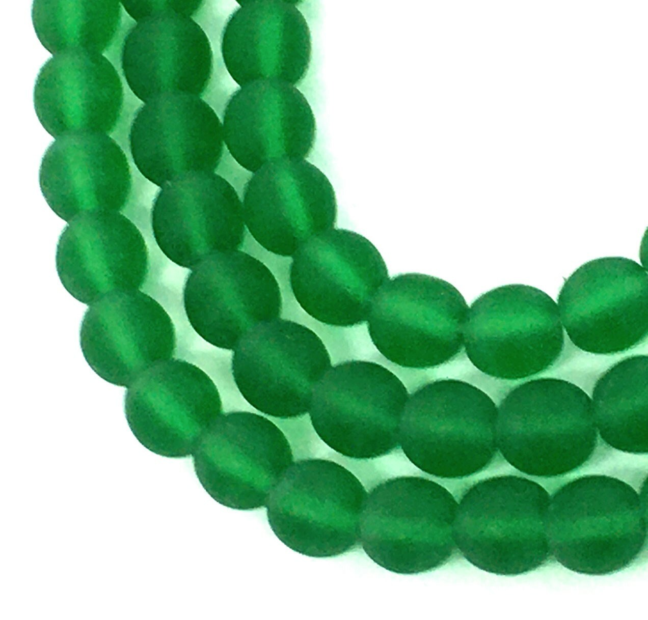 50 Czech Frosted Sea Glass Round Beads – Matte -Green Emerald 6mm