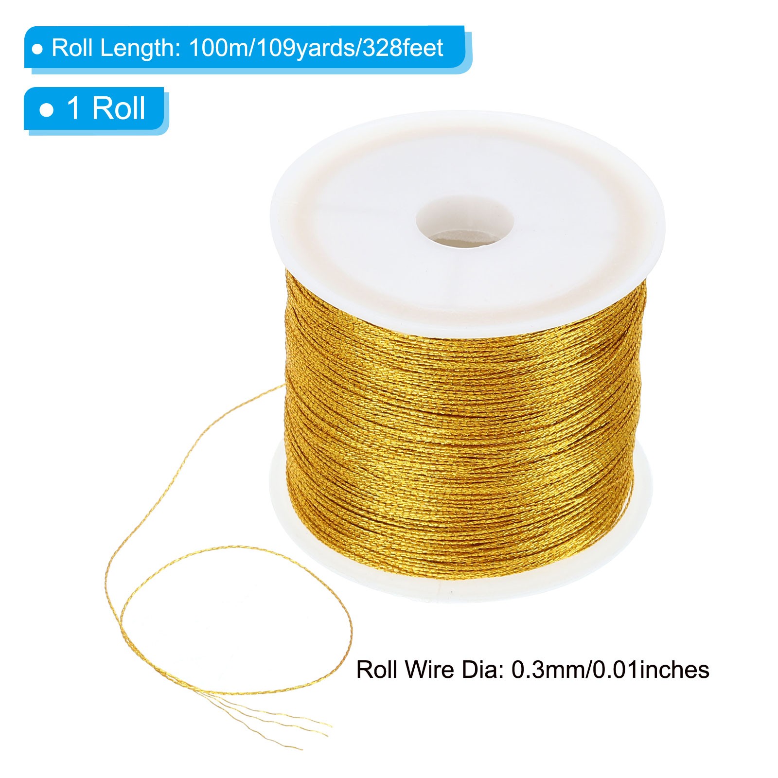 100m/109yards Metallic Cord 1 Roll 0.3mm Dia Tinsel Ornament String Thread Gold