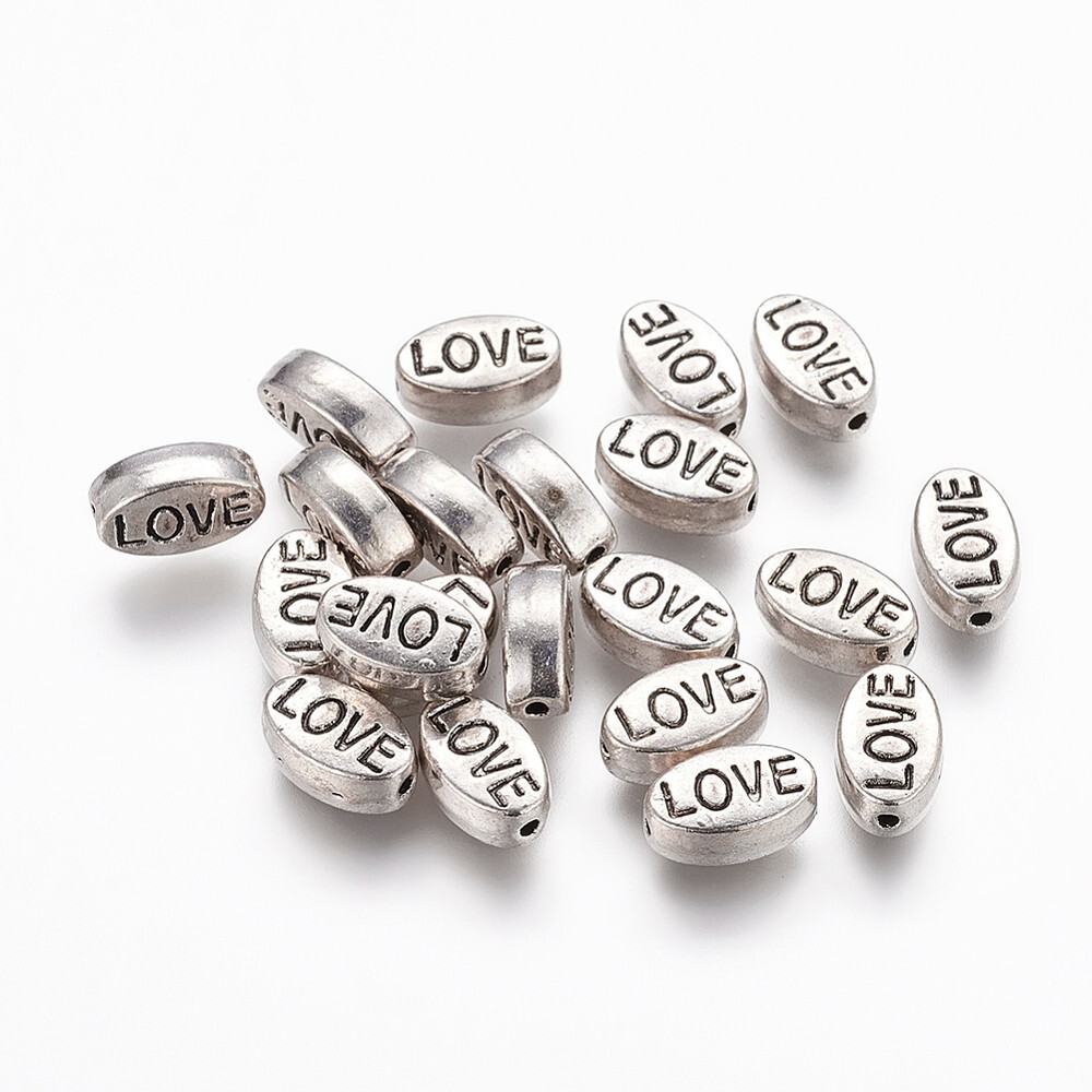 10 Love Word Beads Antiqued Silver Inspirational Jewelry Supplies Oval 10mm