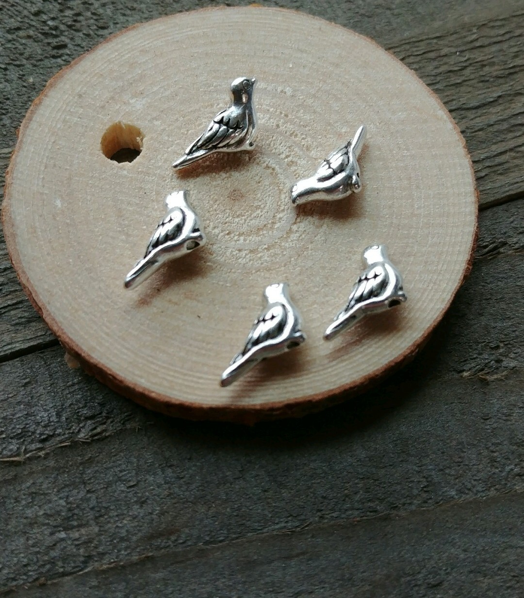 5 Tiny Bird Beads Charms Metal Antiqued Silver 3D 2 Sided Aviary Findings 14mm