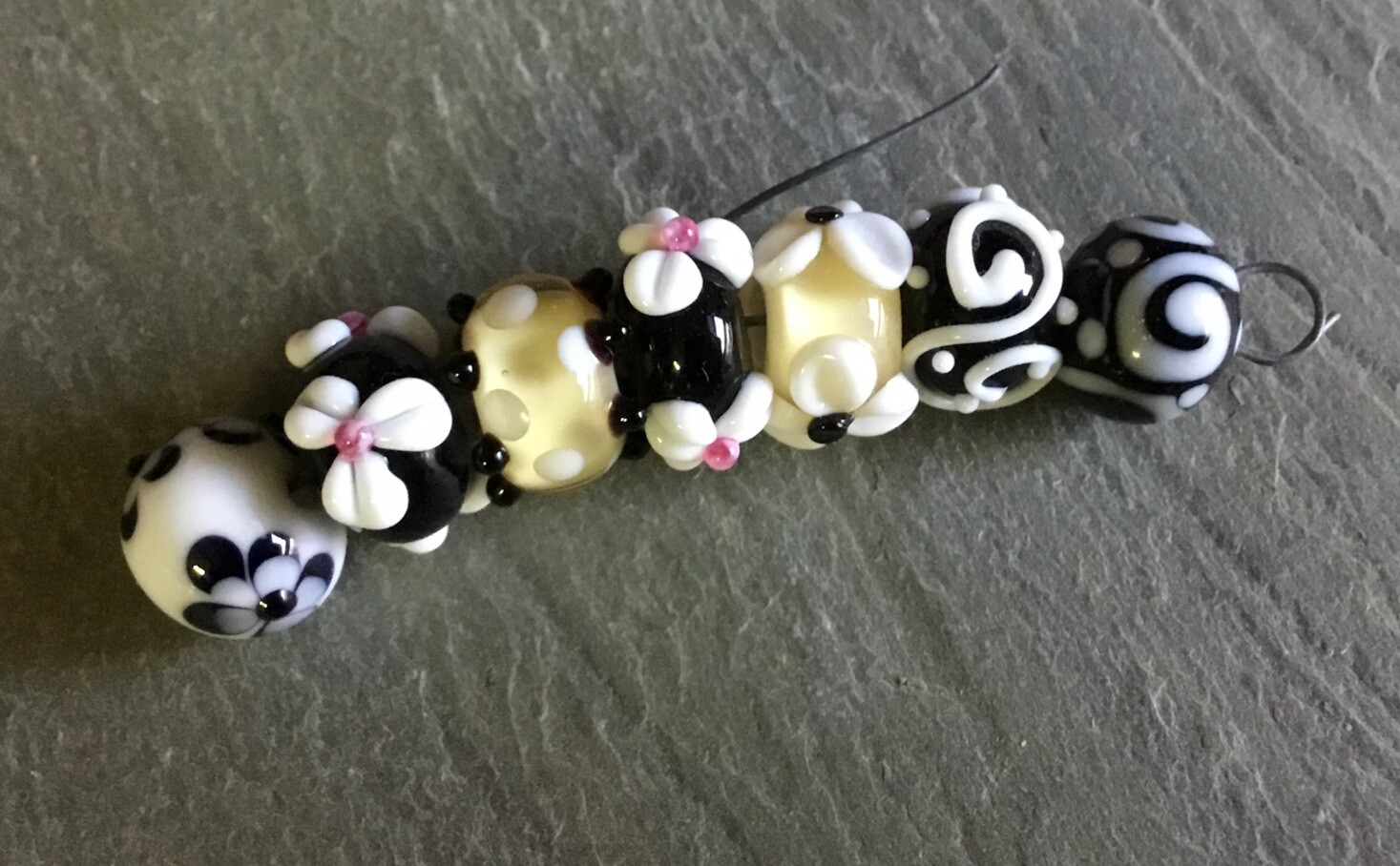 22 Lampwork glass Beads USA artisan made black white Blue Apx 10mm